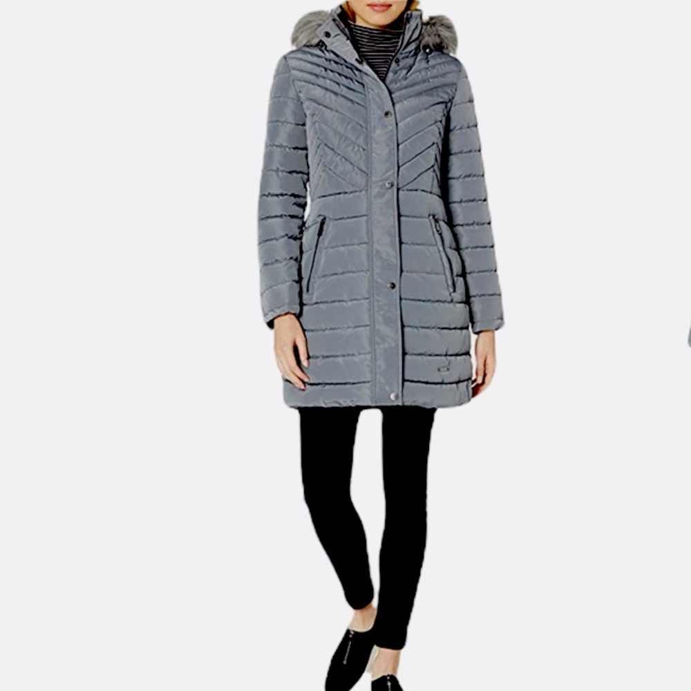 Kenneth Cole NY Faux Fur Trim Hooded Puffer Jacket - Picture 1 of 15
